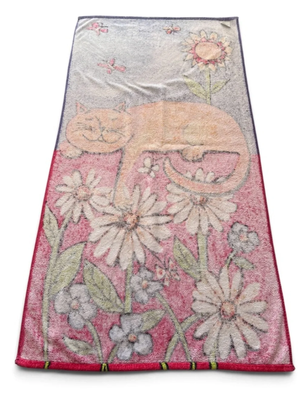 Vintage Y2K Cotton Orange Cat Beach Towel Flowers Butterflies Whimsy Colorful